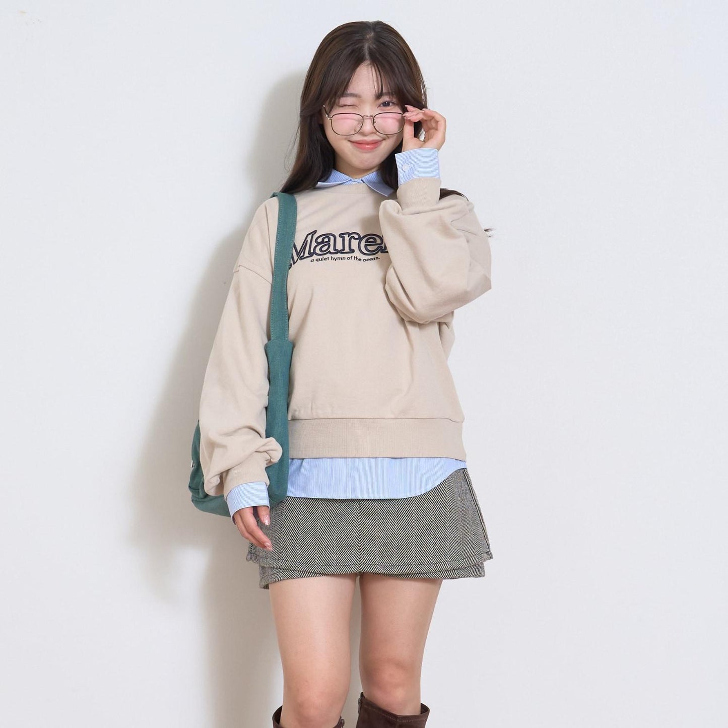 附腰帶人字紋荷葉邊下襬半身裙褲