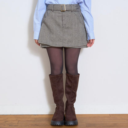 附腰帶人字紋荷葉邊下襬半身裙褲