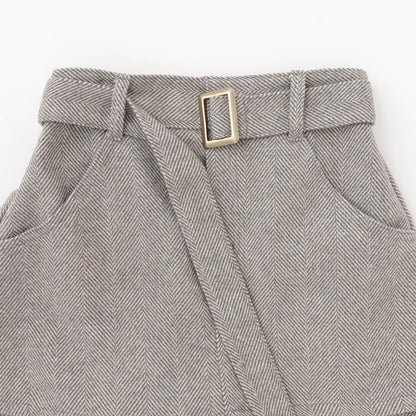 附腰帶人字紋荷葉邊下襬半身裙褲
