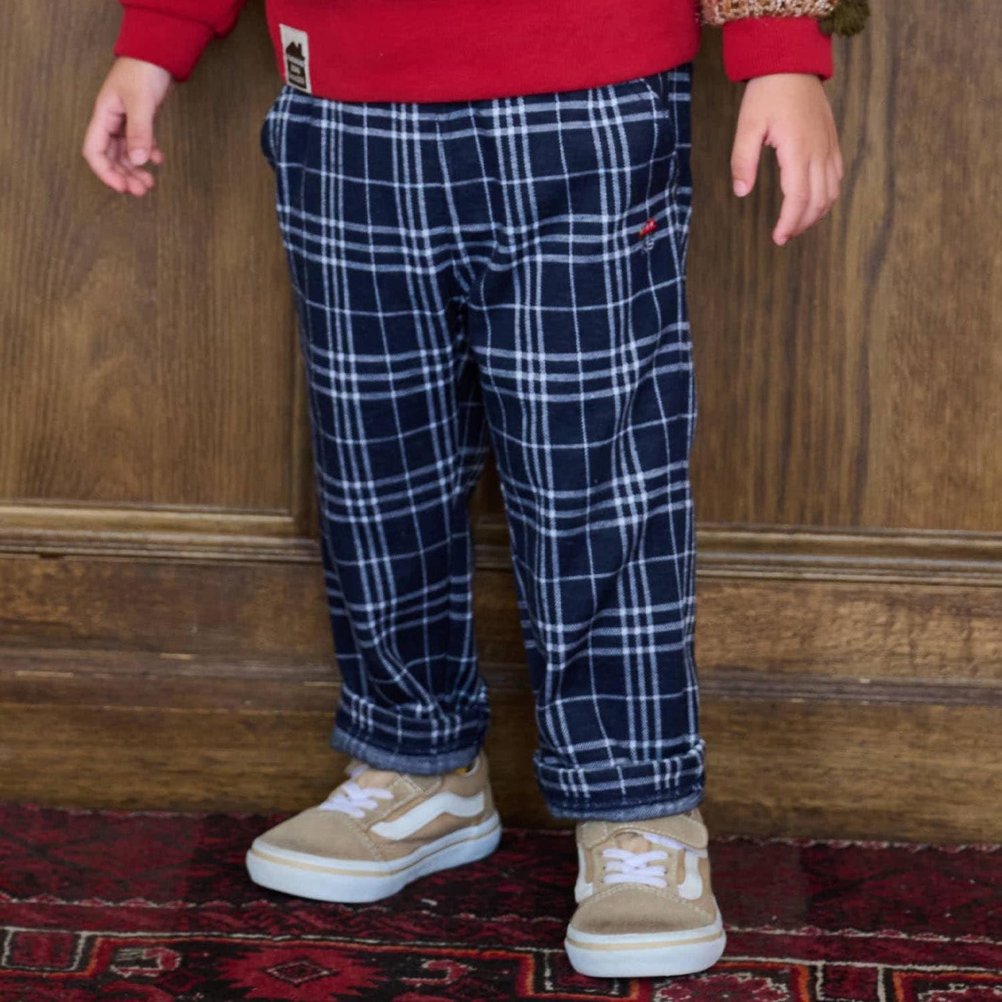 汽車圖案點綴格紋長款直筒褲