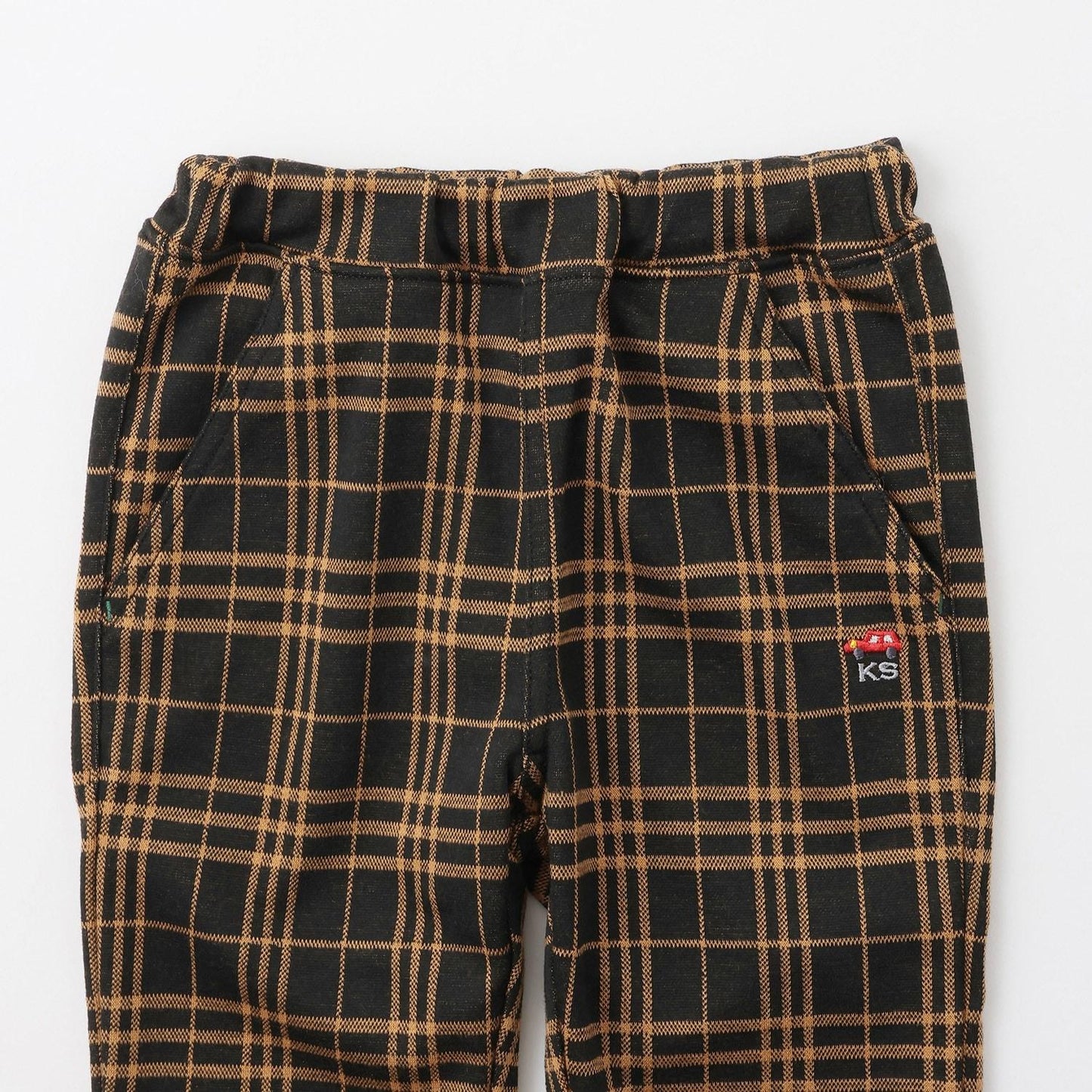 汽車圖案點綴格紋長款直筒褲