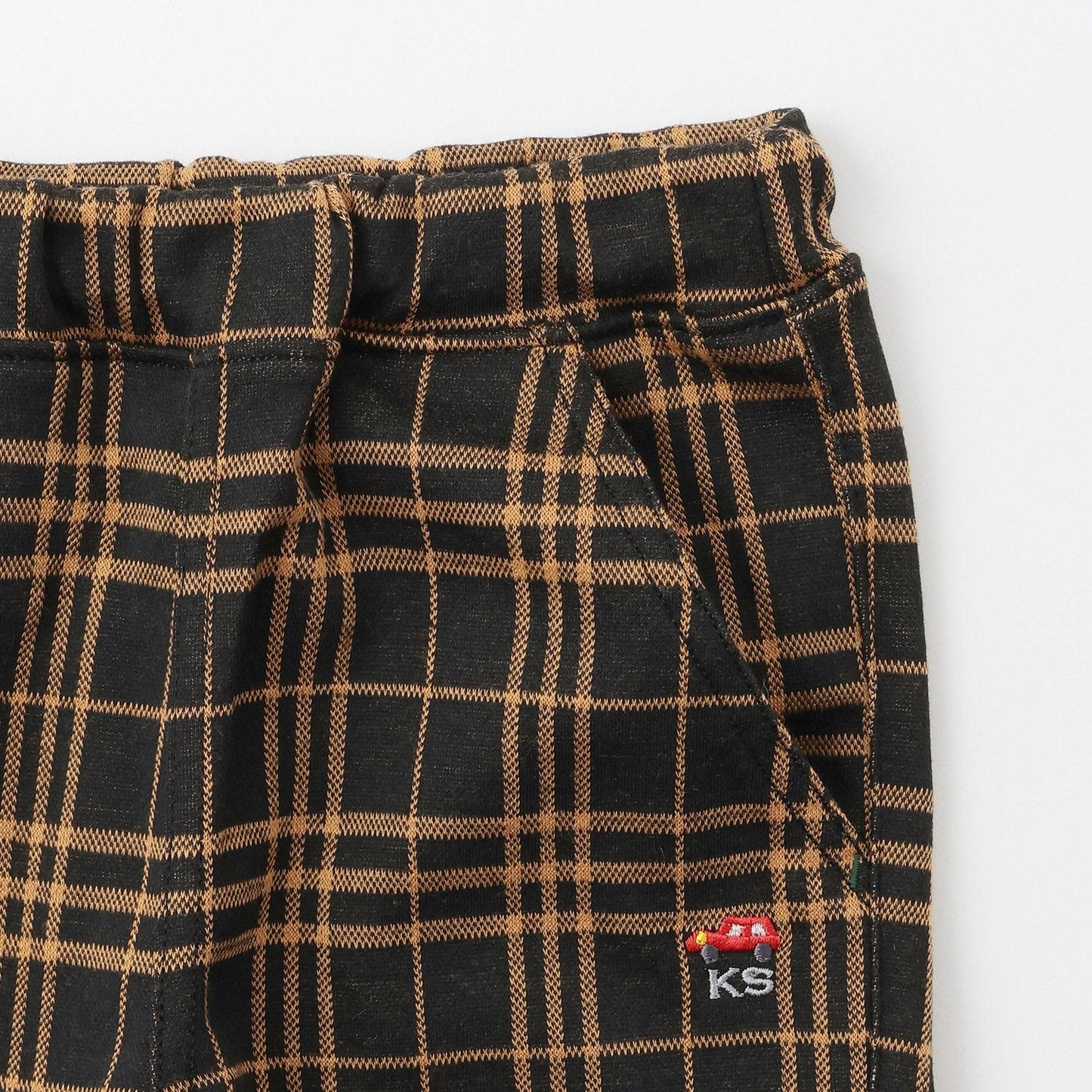 汽車圖案點綴格紋長款直筒褲