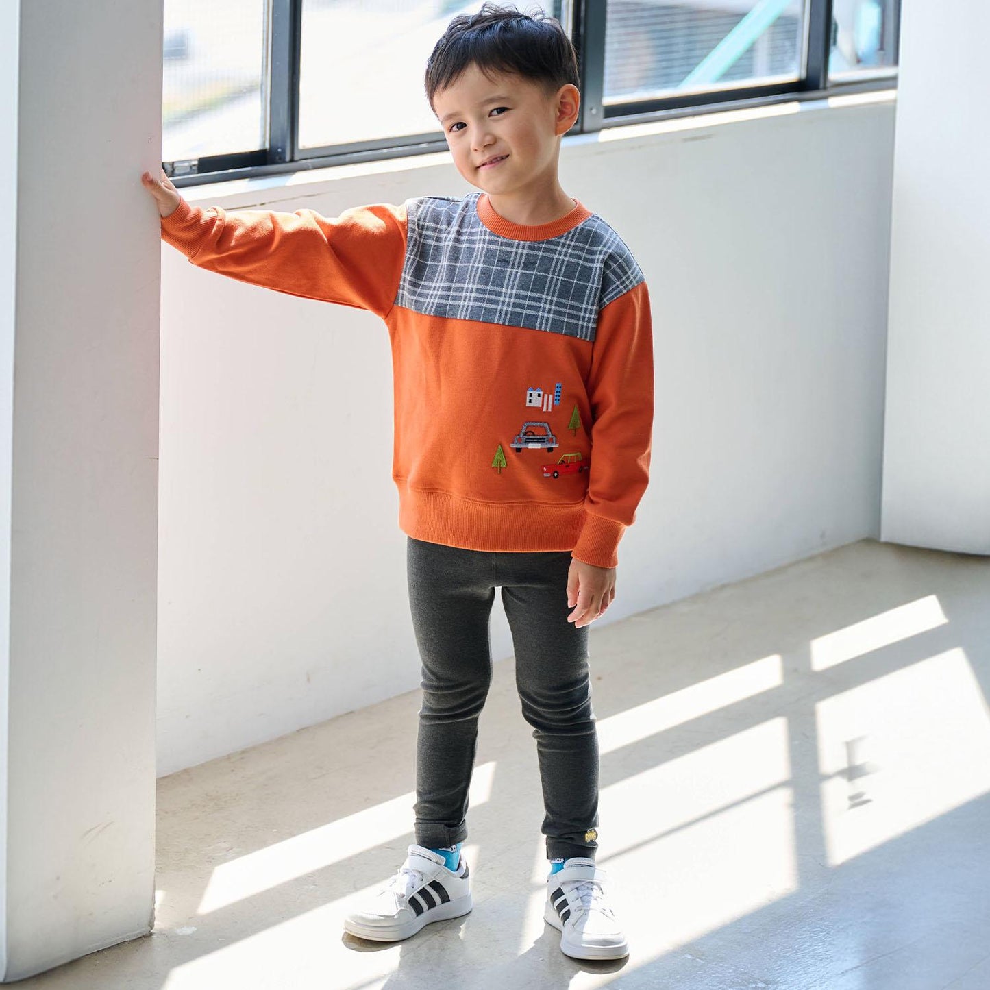 汽車刺繡拼接格子衛衣