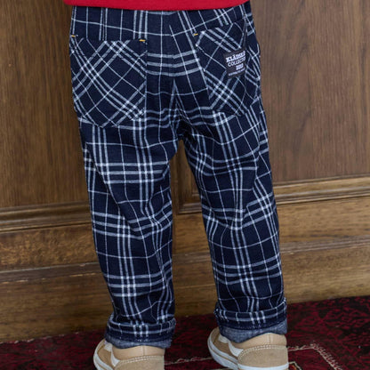 汽車圖案點綴格紋長款直筒褲