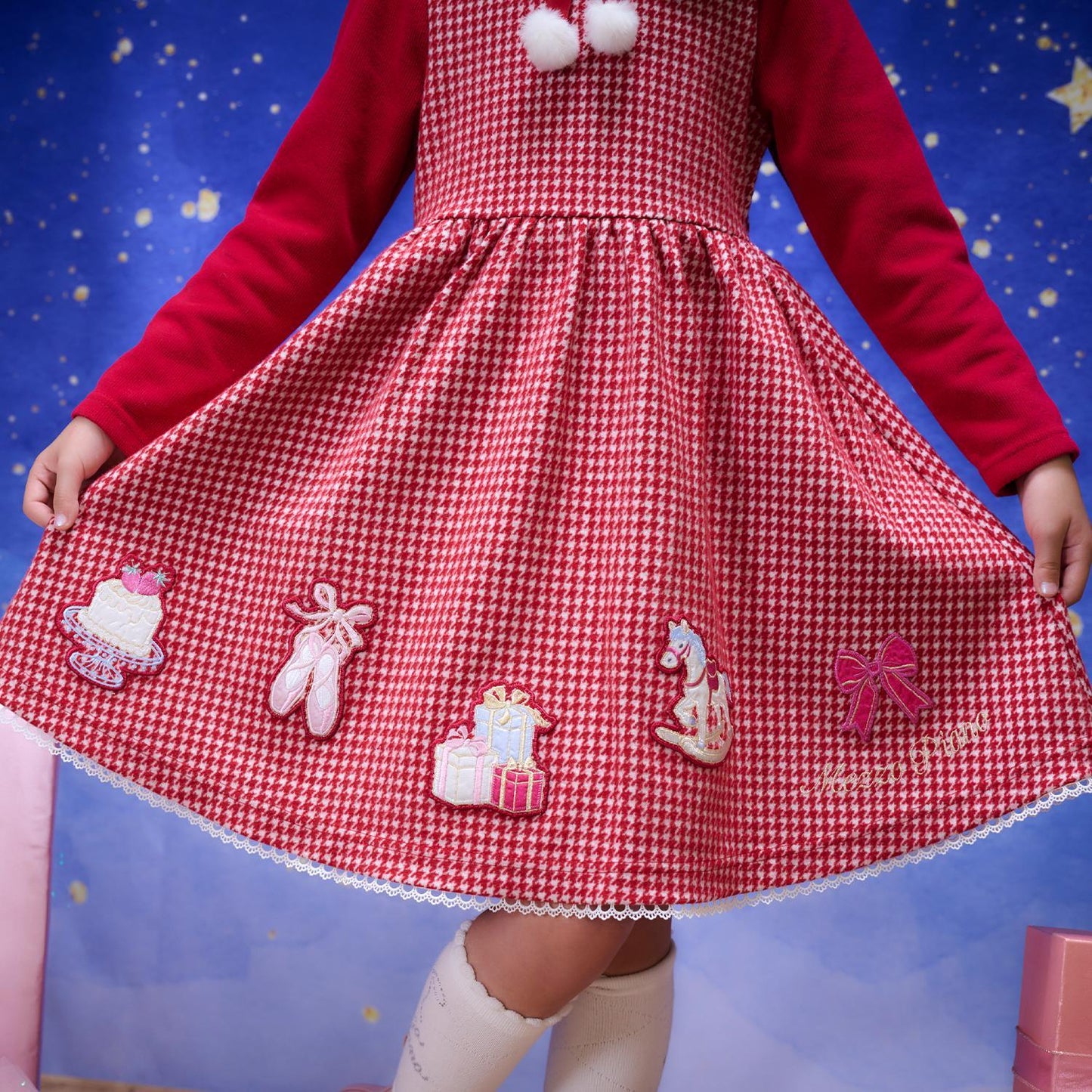 千鳥格提花連衣裙附領巾