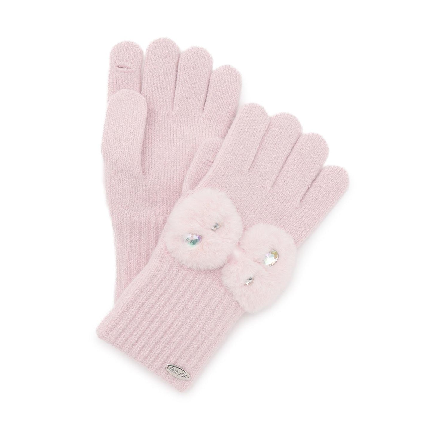 蝴蝶結仿皮草裝飾針織手套