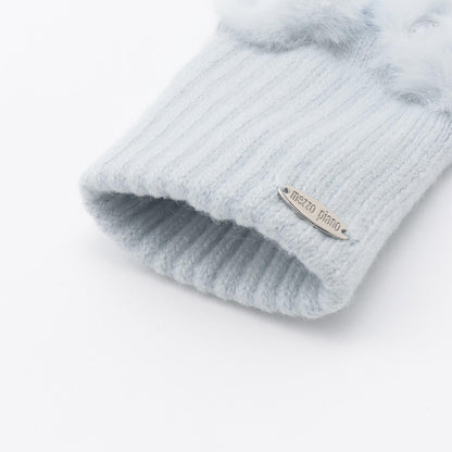 蝴蝶結仿皮草裝飾針織手套