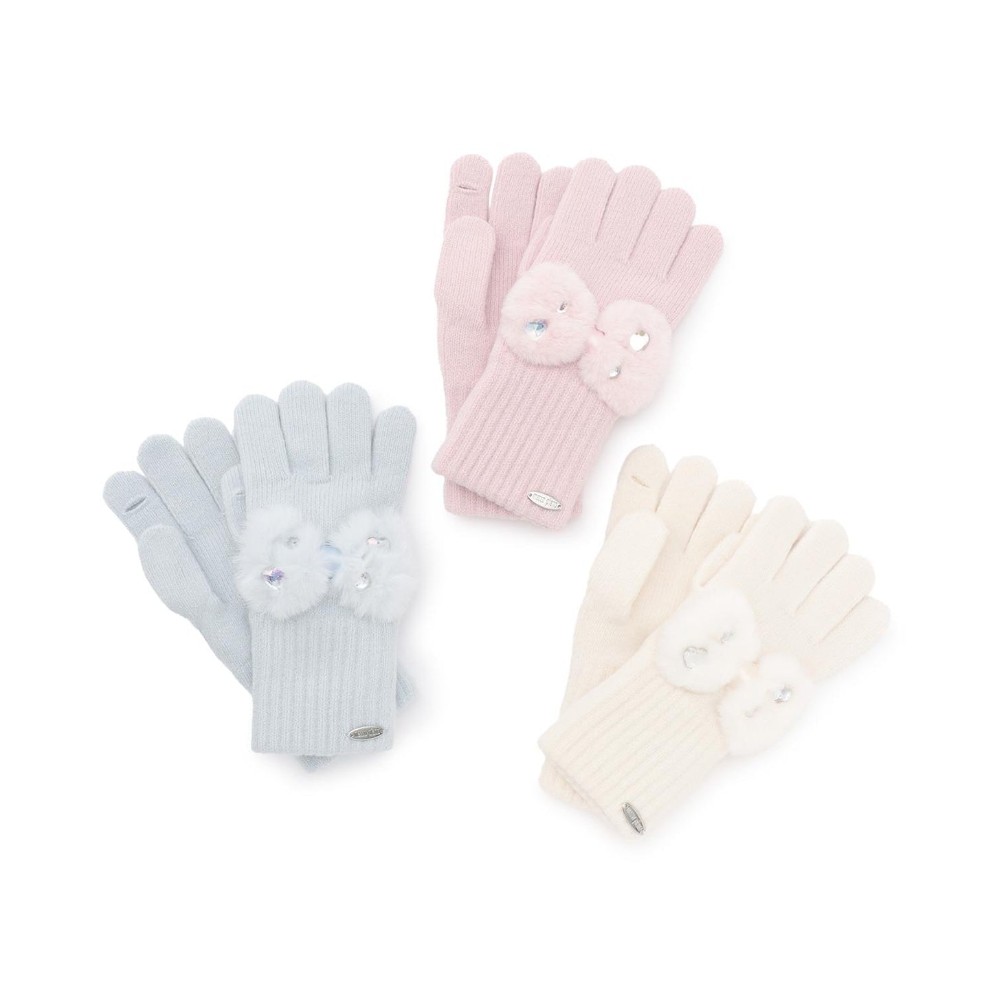 蝴蝶結仿皮草裝飾針織手套