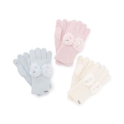 蝴蝶結仿皮草裝飾針織手套