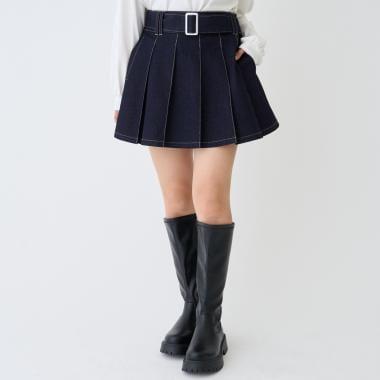 美腿顯瘦帶腰帶牛仔百褶裙