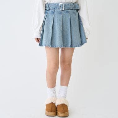 美腿顯瘦帶腰帶牛仔百褶裙