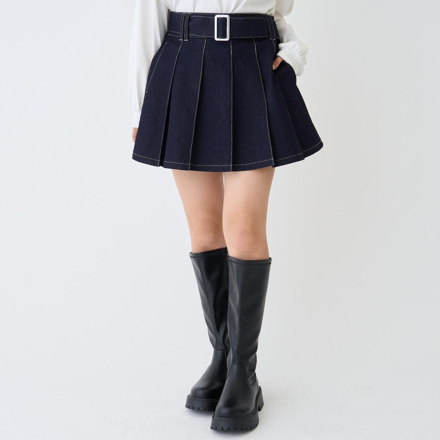 美腿顯瘦帶腰帶牛仔百褶裙