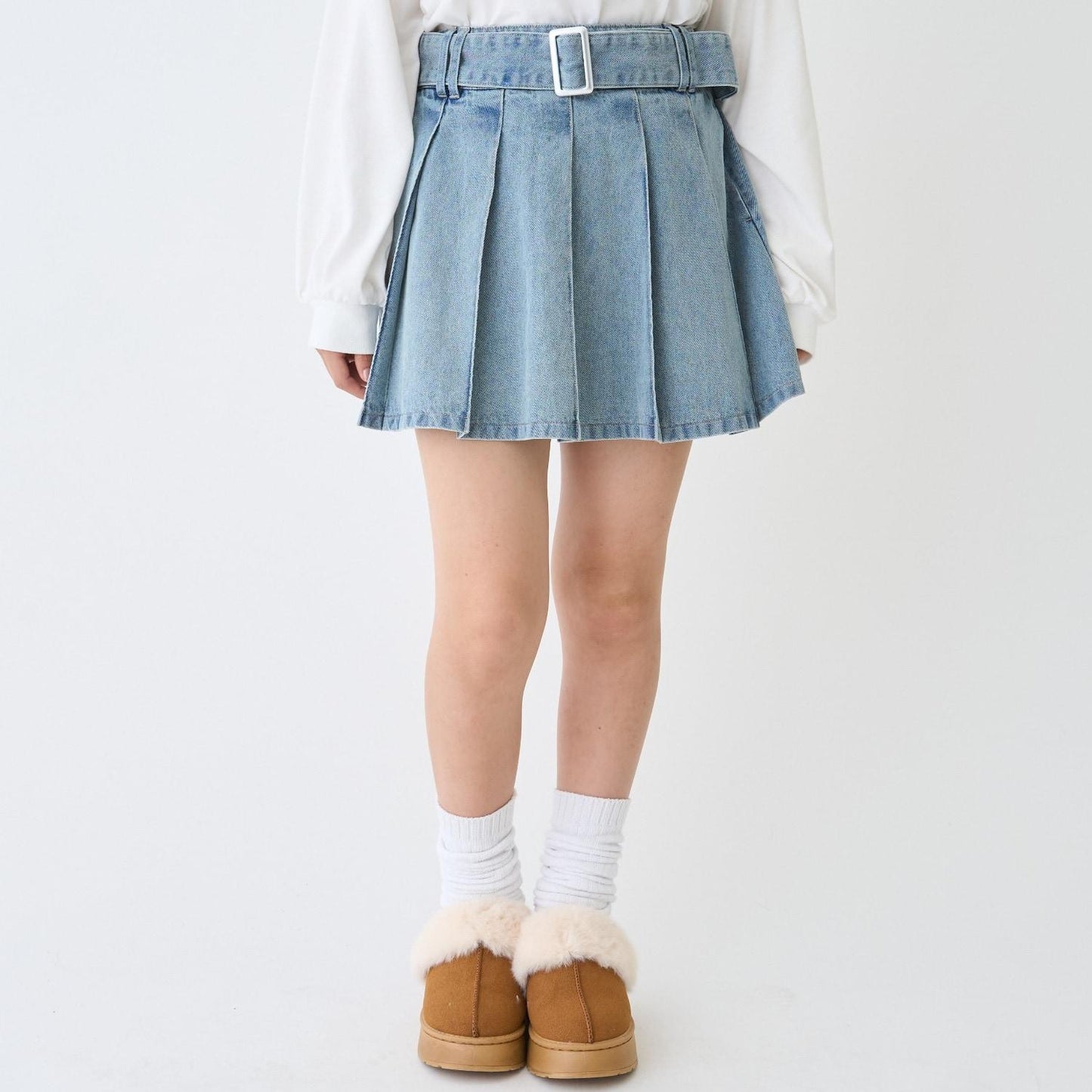 美腿顯瘦帶腰帶牛仔百褶裙