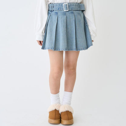 美腿顯瘦帶腰帶牛仔百褶裙