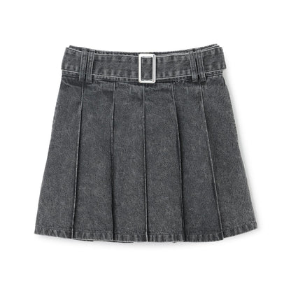 美腿顯瘦帶腰帶牛仔百褶裙