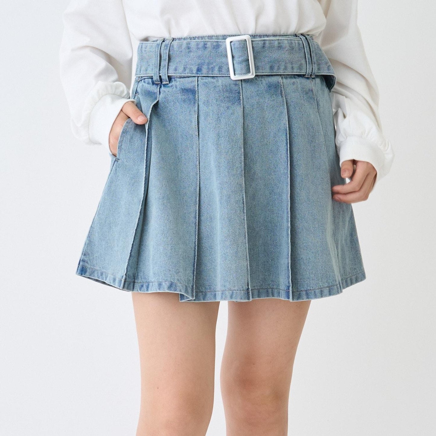 美腿顯瘦帶腰帶牛仔百褶裙