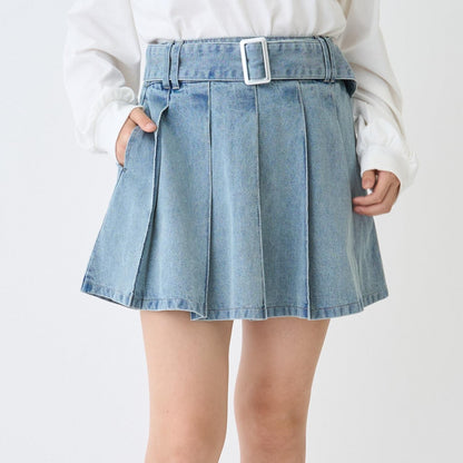 美腿顯瘦帶腰帶牛仔百褶裙