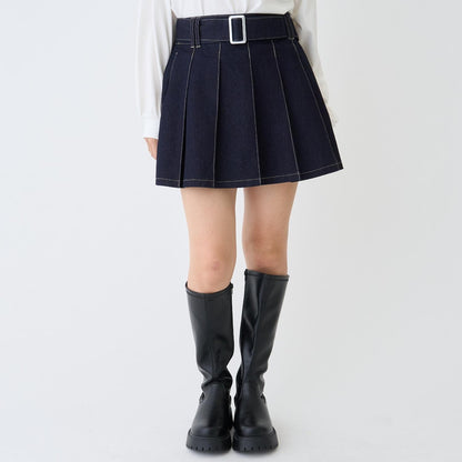 美腿顯瘦帶腰帶牛仔百褶裙