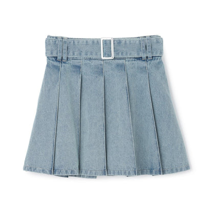 美腿顯瘦帶腰帶牛仔百褶裙