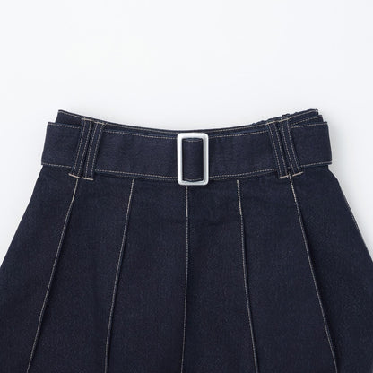 美腿顯瘦帶腰帶牛仔百褶裙