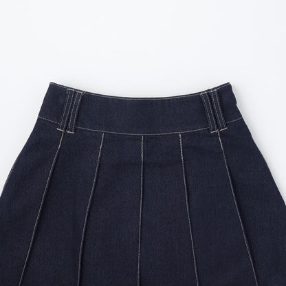 美腿顯瘦帶腰帶牛仔百褶裙
