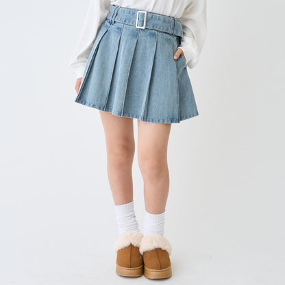美腿顯瘦帶腰帶牛仔百褶裙