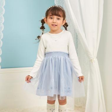 mimi醬刺繡亮絲羅紋拼接網紗連衣裙