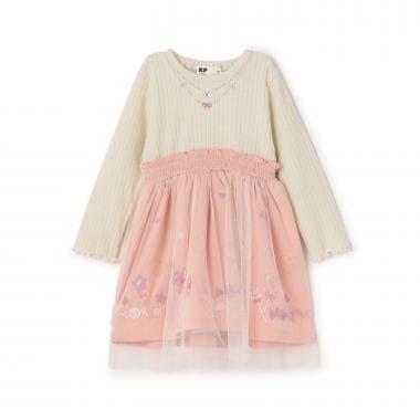 mimi醬刺繡亮絲羅紋拼接網紗連衣裙