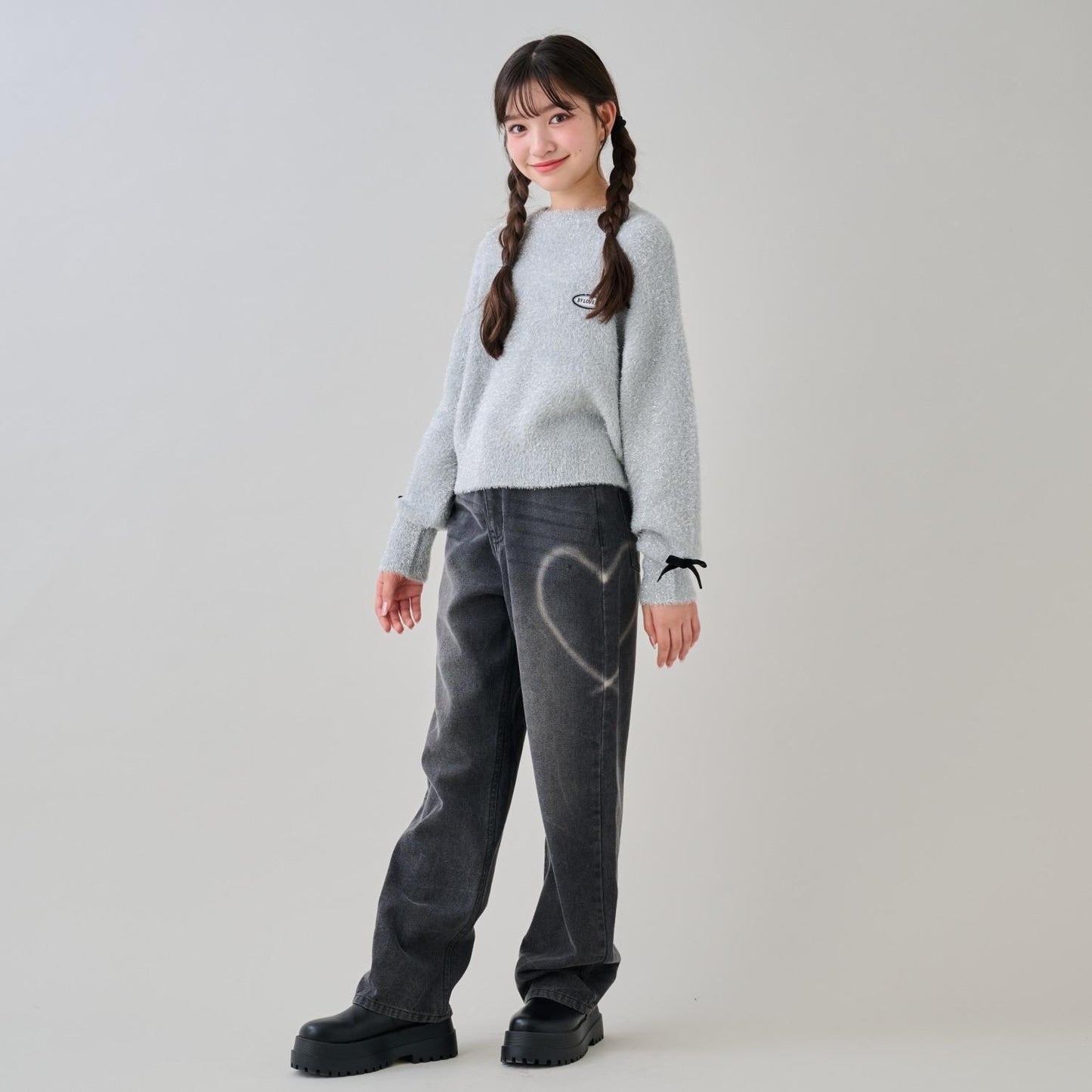 愛心圖案水洗牛仔褲