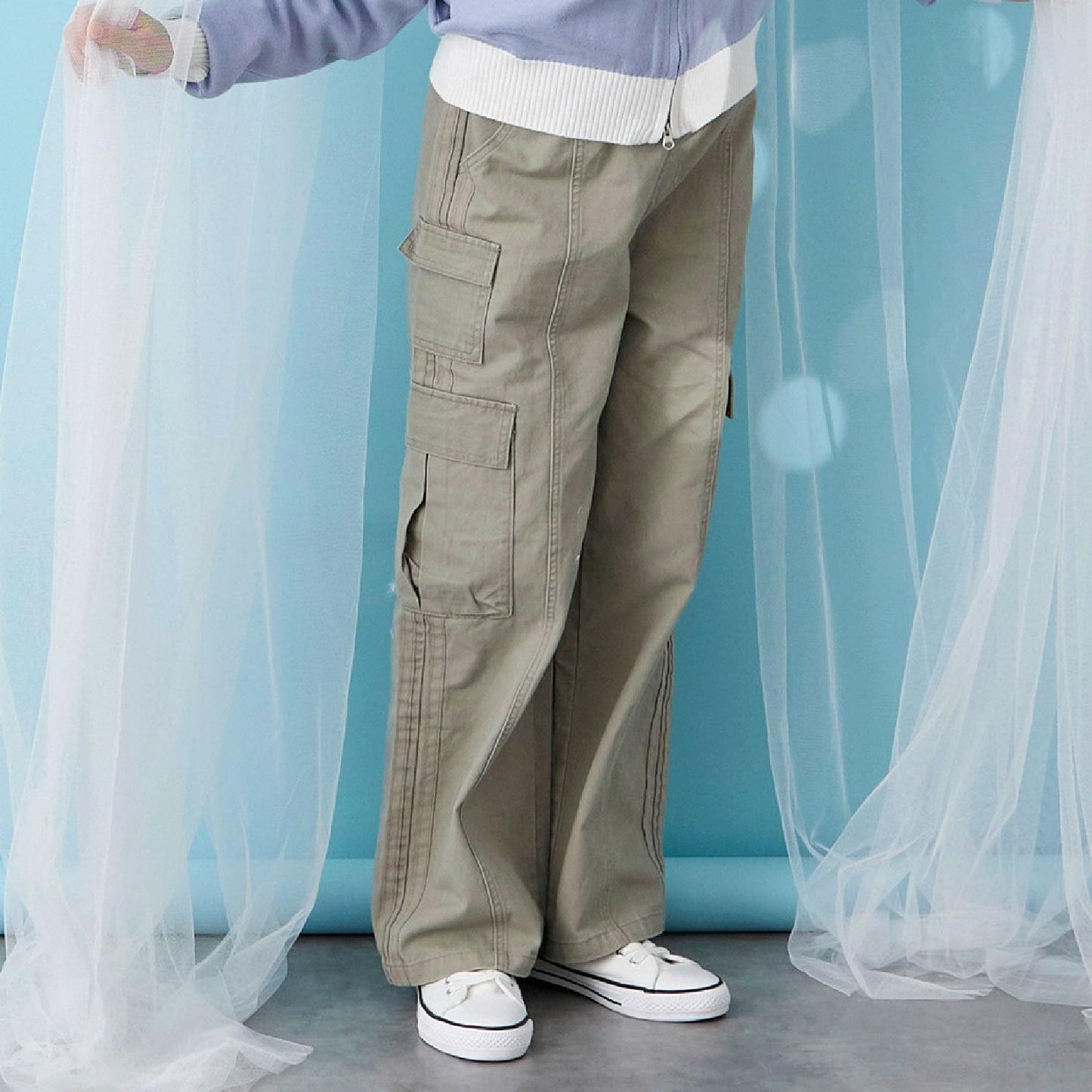 【trois lapins】側邊條紋工裝褲