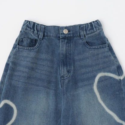 愛心圖案水洗牛仔褲