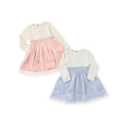 mimi醬刺繡亮絲羅紋拼接網紗連衣裙