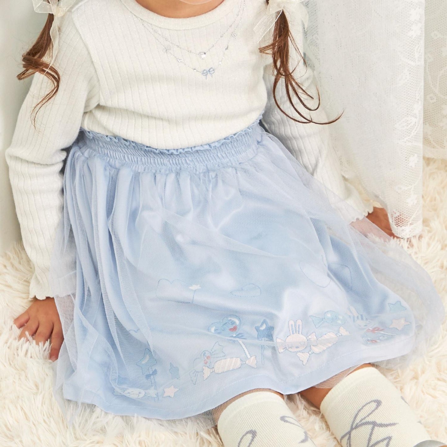 mimi醬刺繡亮絲羅紋拼接網紗連衣裙