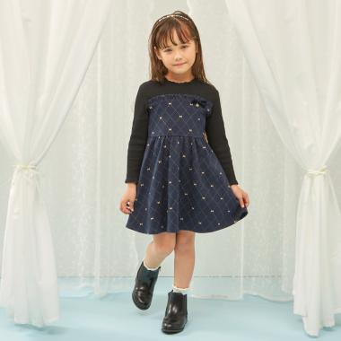 蝴蝶結格紋亮絲提花拼接羅紋連衣裙