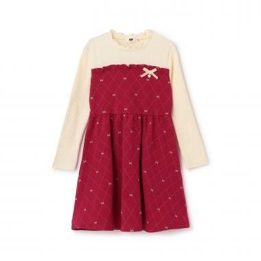 蝴蝶結格紋亮絲提花拼接羅紋連衣裙