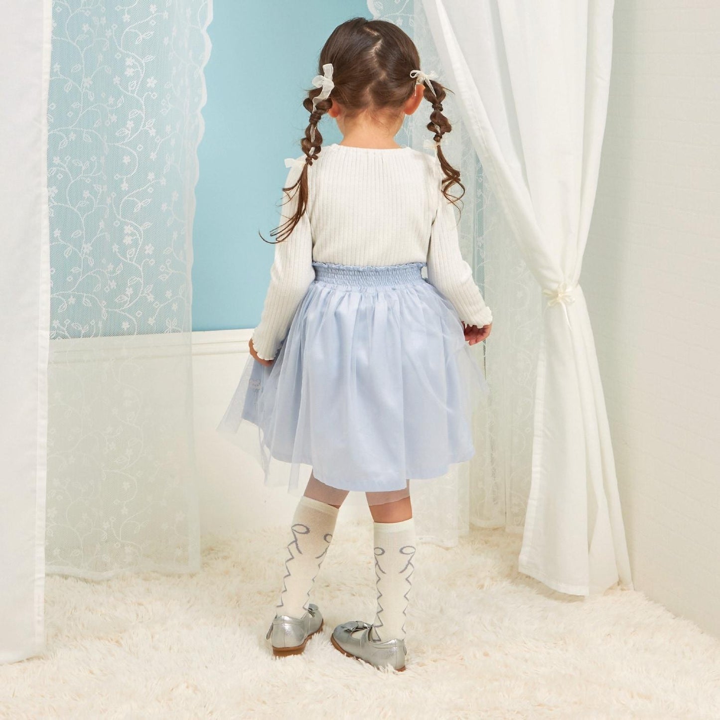 mimi醬刺繡亮絲羅紋拼接網紗連衣裙