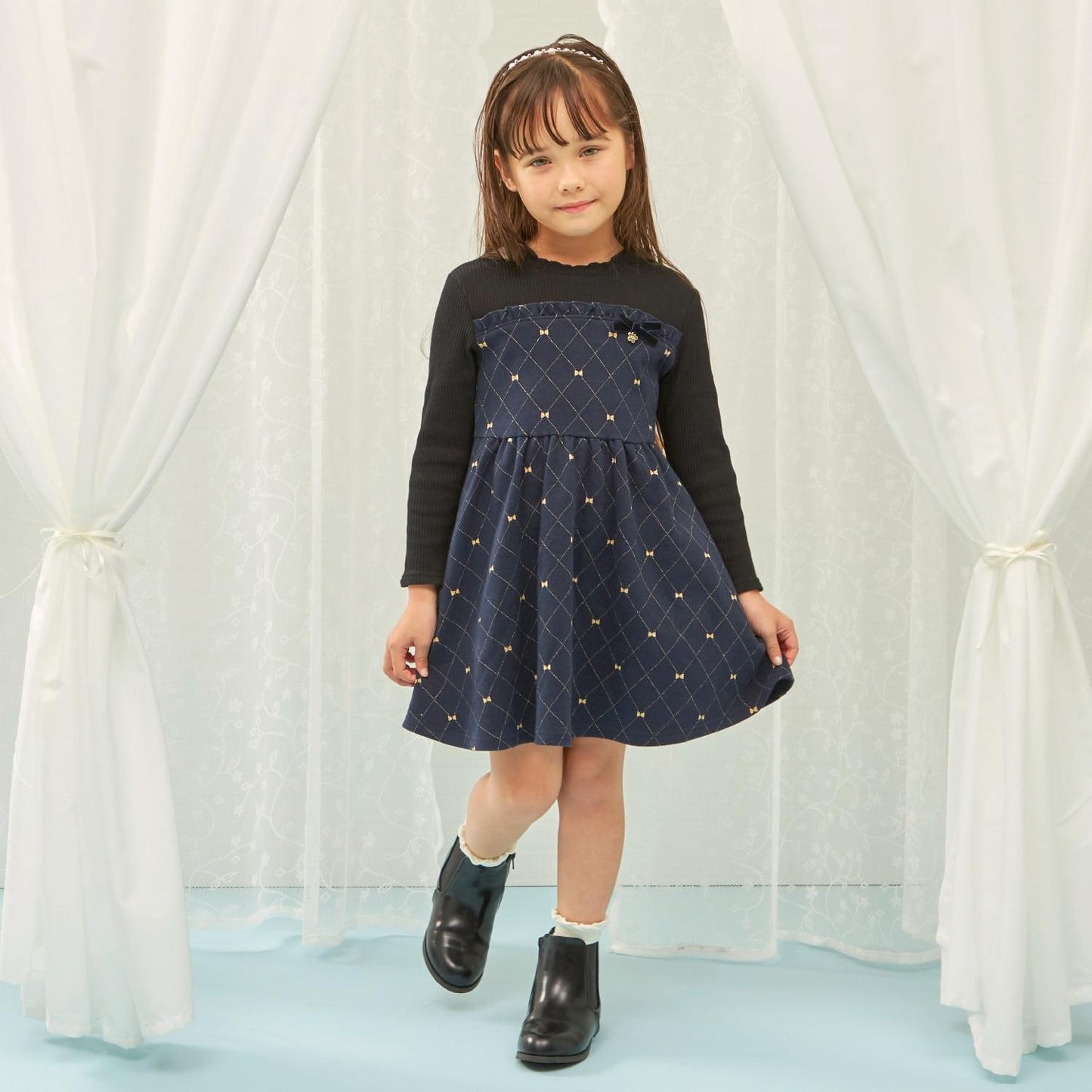 蝴蝶結格紋亮絲提花拼接羅紋連衣裙