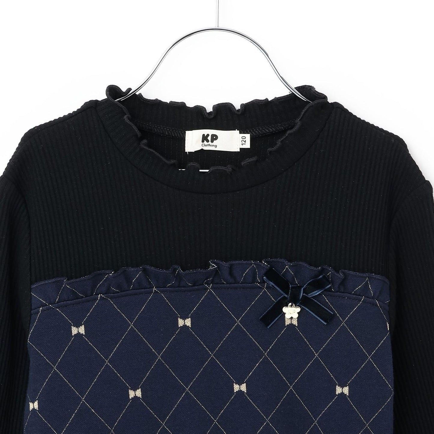 蝴蝶結格紋亮絲提花拼接羅紋連衣裙