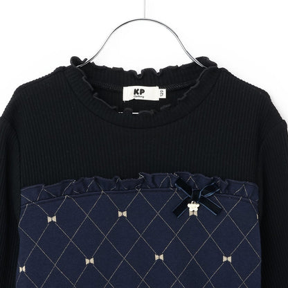 蝴蝶結格紋亮絲提花拼接羅紋連衣裙