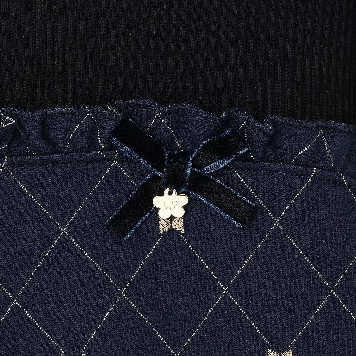 蝴蝶結格紋亮絲提花拼接羅紋連衣裙