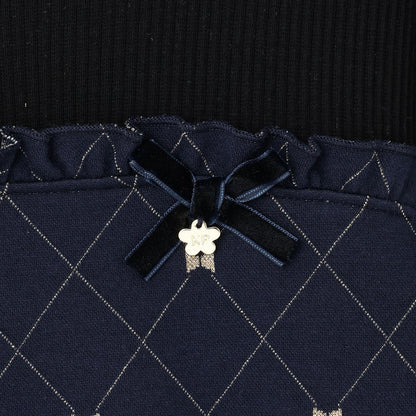 蝴蝶結格紋亮絲提花拼接羅紋連衣裙