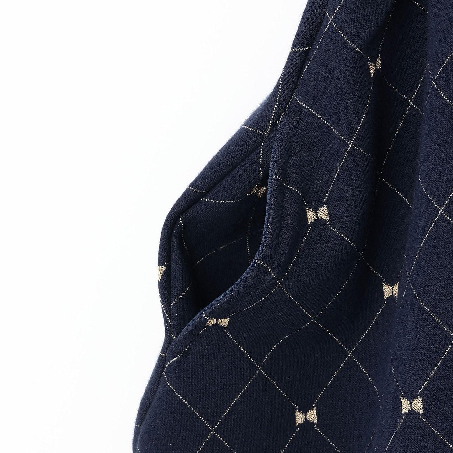 蝴蝶結格紋亮絲提花拼接羅紋連衣裙