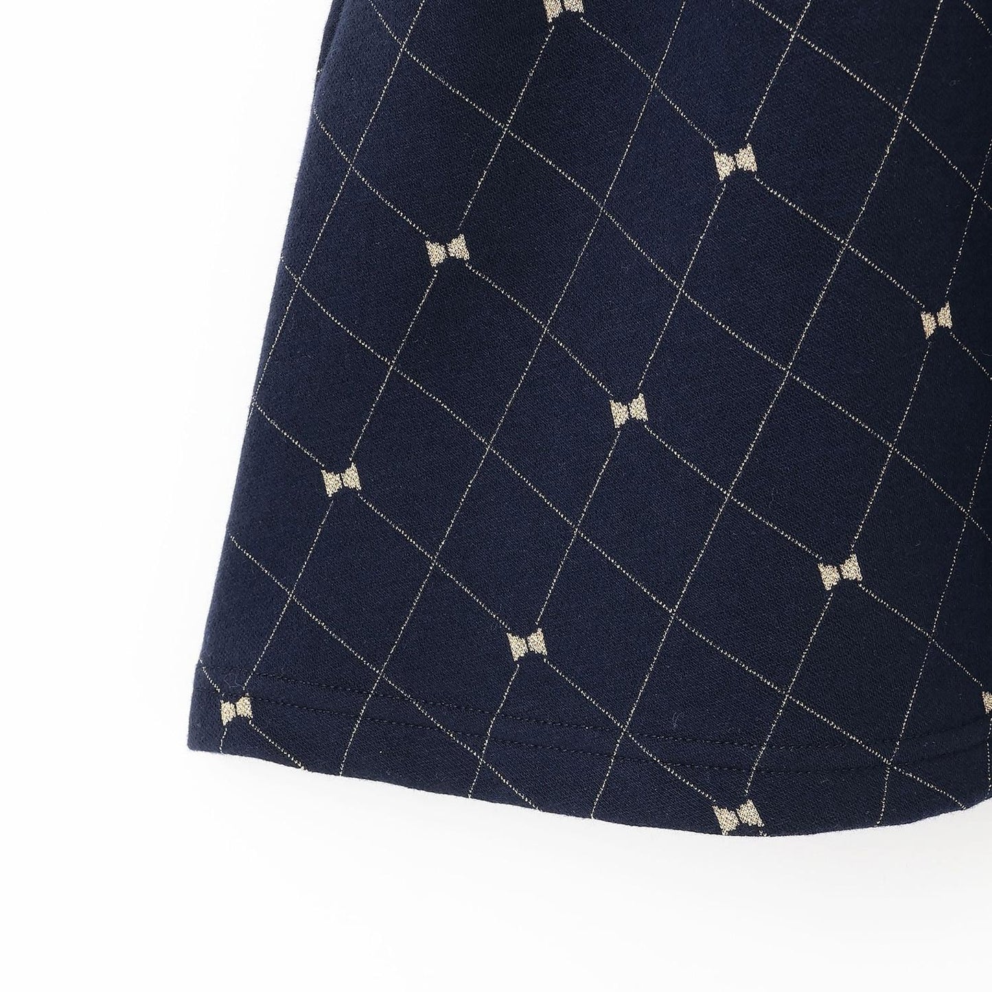 蝴蝶結格紋亮絲提花拼接羅紋連衣裙