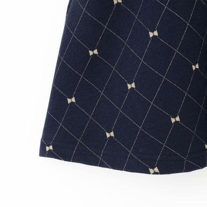 蝴蝶結格紋亮絲提花拼接羅紋連衣裙