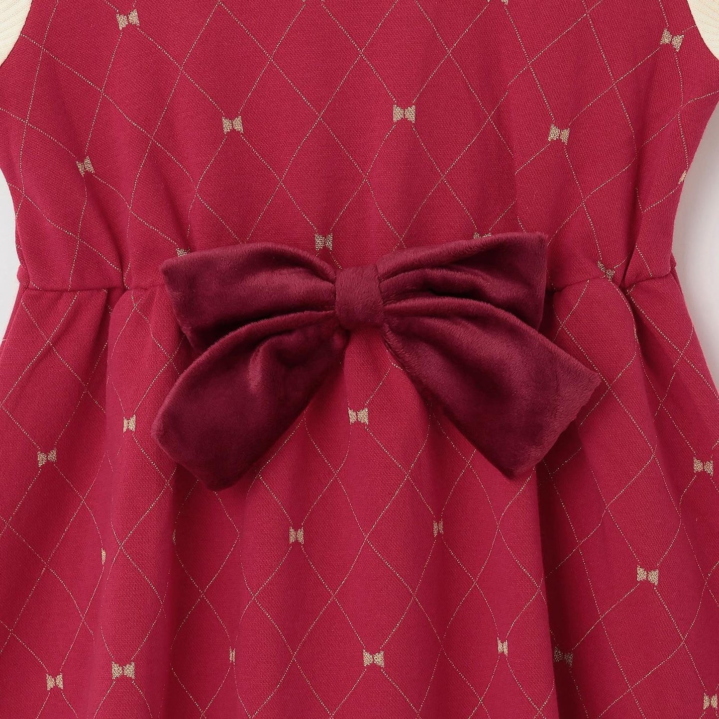 蝴蝶結格紋亮絲提花拼接羅紋連衣裙