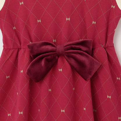 蝴蝶結格紋亮絲提花拼接羅紋連衣裙