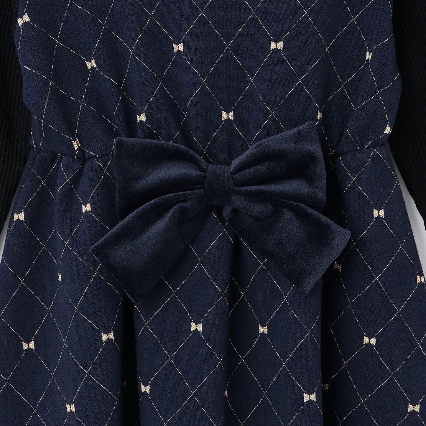 蝴蝶結格紋亮絲提花拼接羅紋連衣裙