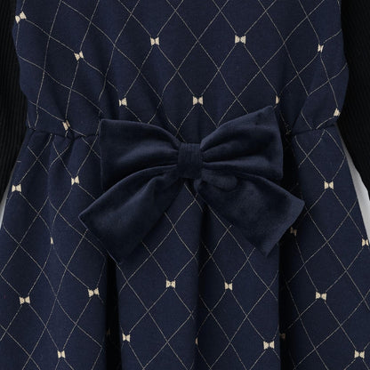 蝴蝶結格紋亮絲提花拼接羅紋連衣裙