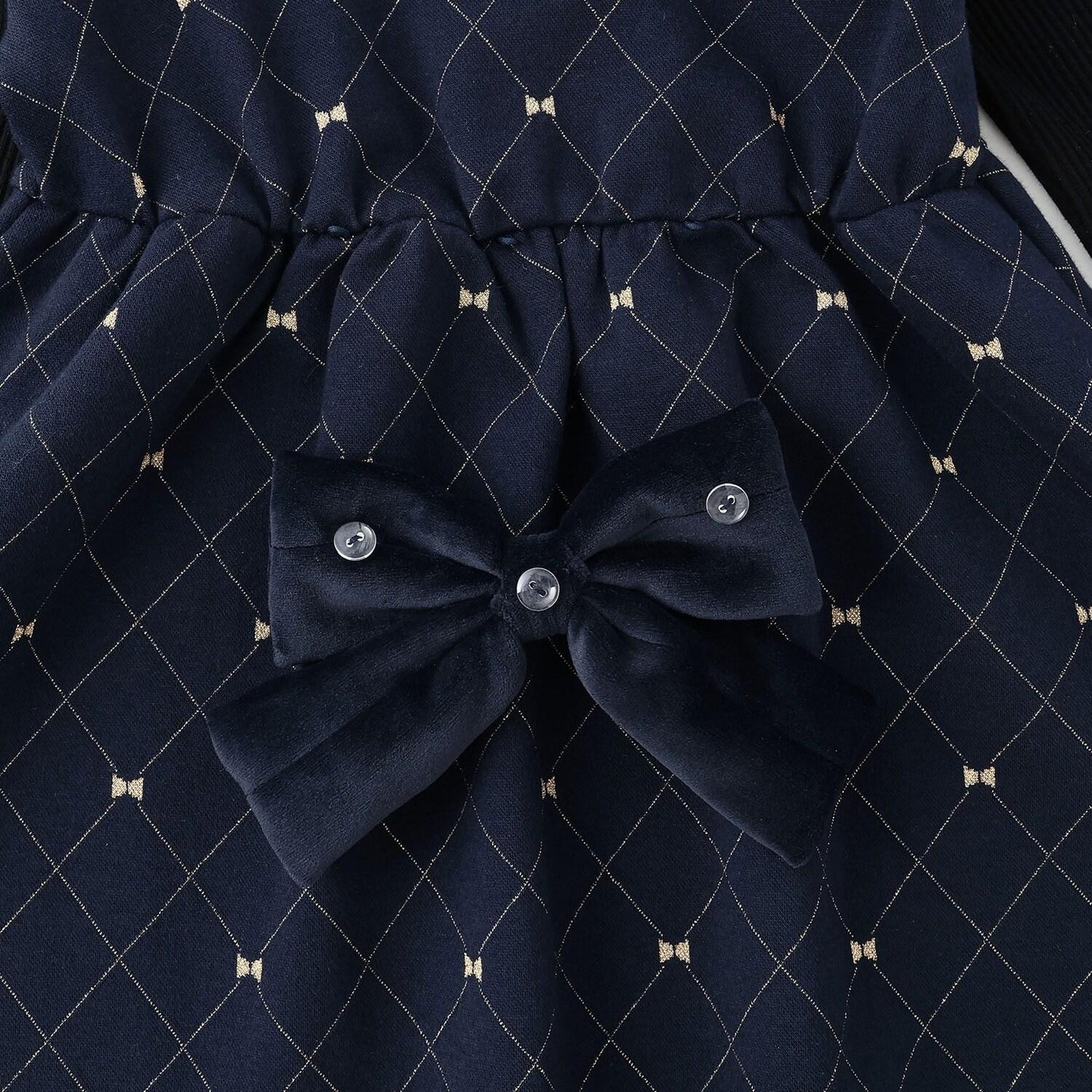 蝴蝶結格紋亮絲提花拼接羅紋連衣裙