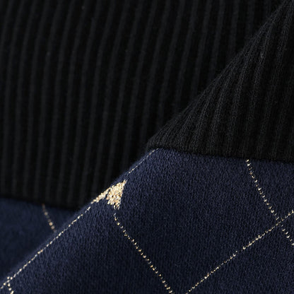 蝴蝶結格紋亮絲提花拼接羅紋連衣裙